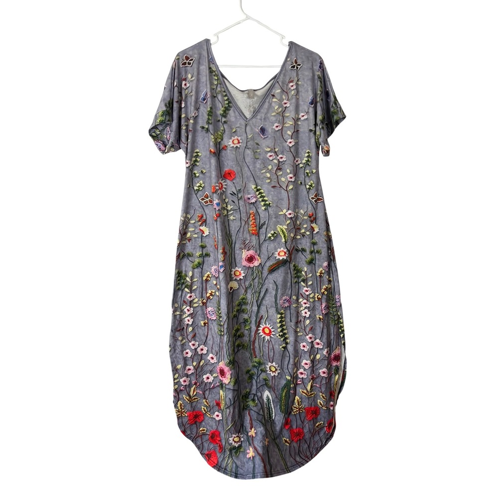 Noracora Floral Butterfly Maxi Dress Grey V-Neck Short Sleeve Plus Size 3XL
